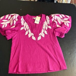 Jodifl Gwen Embroidered Pink Puff Sleeve Top Pink Leaf Embroidery Size XS NWT